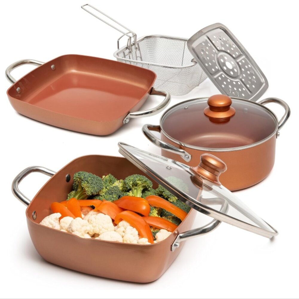 Gotham Steel 9.5" Deep Squre Nonstick Pan with Steamer Tray, Fry Basket and Glas